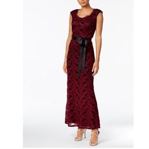 R&M Richards Merlot Belted Lace Gown
